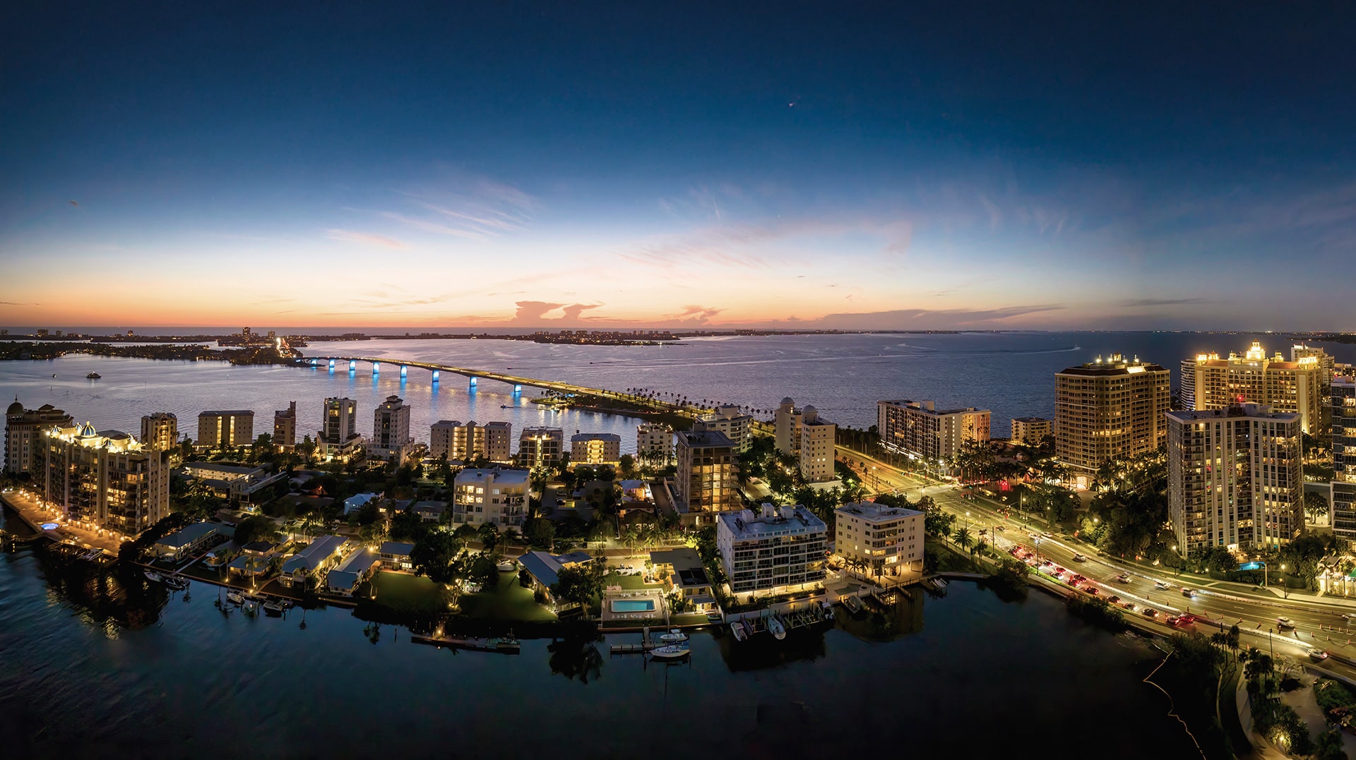 Aerial of Sarasota Florida at Night