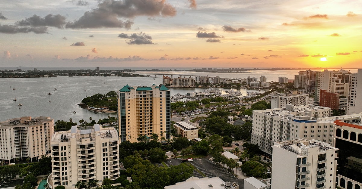 aerial of the Sarasota city at sunset